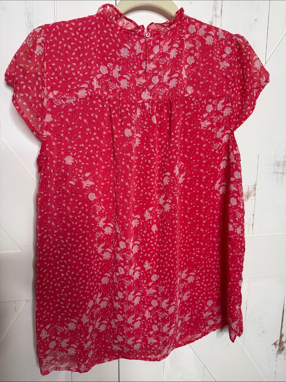 Joie Red-Pink Floral Ruffle Neck Blouse - Picture 7 of 11